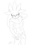  2020 5_fingers abs anthro biceps bulge clothed clothing eulipotyphlan fingers genital_outline genitals hand_on_head hedgehog hi_res humanoid_hands male mammal monochrome nipples penis penis_base penis_outline silver_the_hedgehog simple_background smile soina solo sonic_the_hedgehog_(series) topless white_background 