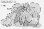  3:2 animal_humanoid big_breasts breasts canid canid_humanoid canine canine_humanoid dog_humanoid dryadex female hi_res huge_breasts humanoid hyper hyper_breasts m4a1_sherman mammal mammal_humanoid monochrome solo tank vehicle 