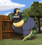  anthro bottomwear clothing cloud day female grass hair hi_res jeans kazecat obese obese_female overweight overweight_female pants reptile scalie shirt sky snake solo topwear tree 