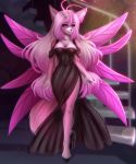  2020 adorableinall ahoge anthro blue_eyes breasts canid canine canis clothed clothing digital_media_(artwork) dress eyelashes female fingers footwear fur hair high_heels inside long_hair mammal mariah_veiethe nails pink_body pink_fur shoes smile solo standing wings wolf 