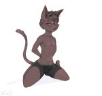  anthro arms_tied blush bound boxers_(clothing) cat_demon clothing demon domestic_cat felid feline felis herrmoki herrmoki_(character) horn male mammal piercing red_eyes sitting tongue underwear 