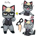  animal_crossing anthro black_body black_clothing black_fur black_headwear black_topwear blonde_hair bodily_fluids bottomless clothed clothing disembodied_hand domestic_cat enigi09 eyes_closed eyewear featureless_crotch felid feline felis frown fur glasses green_eyes grey_body grey_fur hair happy headgear headwear heterochromia hi_res human japanese_text looking_at_viewer male mammal multiple_poses nintendo open_mouth pose raymond_(animal_crossing) simple_background solo_focus surprise sweat text thick_thighs topwear vest video_games white_background yellow_eyes 