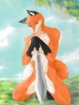  3:4 abs absurd_res anthro canid canine convenient_censorship covering covering_crotch fluffy fluffy_tail fox hi_res male mammal melee_weapon muscular nude pecs scar solo sword tieria weapon 