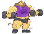  2020 5_fingers anthro biceps big_muscles black_nose bottomwear brown_hair clothing duke_(megawaffle) dumbbell exercise felid fingers footwear fur genitals hair hi_res huge_muscles humanoid_genitalia humanoid_hands humanoid_penis lion male mammal mane megawaffle_(artist) muscular muscular_male nipple_outline nipples pantherine pecs penis penis_through_leghole plantigrade poking_out quads shirt shoes shorts simple_background sneakers solo stubble tank_top tight_clothing topwear weightlifting weights whiskers white_background workout yellow_body yellow_fur 