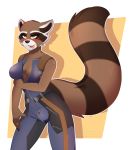  alpha_channel amber_eyes anthro big_breasts breasts bulge cleavage clothed clothing crossgender guardians_of_the_galaxy gynomorph hi_res intersex jumpsuit konomofu looking_at_viewer mammal marvel procyonid raccoon rocket_raccoon solo tongue tongue_out 