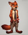  anthro bottomwear canid canine clothed clothing disney fox genitals humanoid_genitalia humanoid_penis katarhein male mammal necktie nick_wilde pants penis solo topless zootopia 