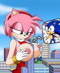  ! 2019 amy_rose anthro blue_body blue_fur breasts city clothing cloud dress duo eulipotyphlan exposed_breasts female fur gloves green_eyes half-closed_eyes handwear hedgehog holding_breast humanoid larger_female looking_at_another looking_down macro male male/female mammal narrowed_eyes open_mouth outside pink_body pink_fur red_clothing red_dress sega size_difference sky skyscraper smaller_male sonic_the_hedgehog sonic_the_hedgehog_(series) the_knight video_games 