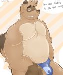  animal_crossing anthro blue_clothing blue_eyes blue_underwear brown_body brown_fur brown_nose bulge canid canine clothed clothing english_text fur gloves_(marking) half-closed_eyes hi_res male mammal markings narrowed_eyes nintendo raccoon_dog smile solo speech_bubble tanuki text thecaptainteddy tom_nook_(animal_crossing) topless underwear video_games 