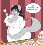  absurd_res big_breasts braided_hair breasts cake chinchilla chinchillid cupcake dialogue english_text female food goblinhordestudios hair hi_res huge_breasts mammal pie rodent slightly_chubby solo text 