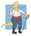  alphys anthro belly boots bottomwear breasts brown_eyes brown_nails buckteeth cleavage clothed clothing colored_nails cosplay disney female footwear freckles fully_clothed meandmygaster melee_weapon nails non-mammal_breasts pants prince_eric rapier reptile scales scalie shirt simple_background smile solo standing sword teeth the_little_mermaid thick_tail topwear undertale video_games weapon yellow_body yellow_scales 