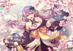  blush cherry_blossoms flowers green_eyes japanese_clothes long_hair nijisanji purple_hair sakura_ritsuki twintails umiu_geso 