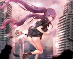 animal ass blush building cat city clouds cropped habu_rin long_hair original purple_hair shorts sky twintails 