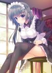  1girl apron black_pantyhose black_skirt blush bow bowtie brown_eyes clothes_lift clothes_pull dengeki_moeou dress_shirt frilled_apron frilled_skirt frills grey_hair hair_between_eyes hair_ribbon highres indoors lifting_own_clothes long_hair long_sleeves maid maid_headdress medium_skirt nanao_naru pantyhose pantyhose_pull pulling_own_clothes purple_bow purple_bowtie ribbon shirt sitting skirt skirt_lift solo straight_hair waist_apron white_apron white_ribbon 