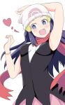  1girl :d absurdres arm_up beanie black_hair blush bracelet breasts bright_pupils commentary_request dawn_(pokemon) floating_scarf grey_eyes hair_ornament hairclip hat heart highres jewelry konbanwa01 long_hair open_mouth pink_skirt pokemon pokemon_(game) pokemon_dppt red_scarf scarf shirt skirt sleeveless sleeveless_shirt smile solo teeth upper_teeth white_headwear white_pupils 