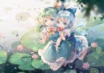  2girls blue_eyes blue_hair blush bow cirno daiyousei dress fairy flowers food green_eyes green_hair hug ponytail popsicle rokusai short_hair touhou water wings 