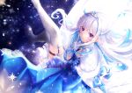  blush braids dress gloves lize_helesta long_hair nijisanji purple_eyes stars thighhighs tiara white_hair yunmi_0527 