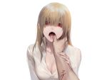  blonde_hair blood breasts cleavage fang long_hair luen_kulo original pointed_ears red_eyes shirt vampire white 