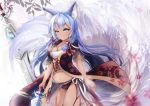  animal_ears aqua_eyes blue_hair breasts cleavage dark_skin foxgirl garter_belt japanese_clothes long_hair multiple_tails mutang navel original sword tail weapon 