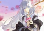  blue_eyes candy cherry_blossoms chocolate flowers gloves gray_hair japanese_clothes li_chunfu long_hair original valentine 