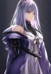  1girl bangs belt black_belt breasts dress english_commentary from_side highres hood hooded_jacket iron_saga jacket looking_at_viewer medium_breasts off_shoulder purple_eyes purple_jacket reward_available silver_hair smile solo teresa_(iron_saga) twitter_username upper_body watermark white_dress zeri_(zeristudio) 