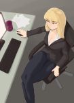  1girl absurdres black_jacket blonde_hair blue_pants breasts chair cleavage closed_mouth cup desk grey_eyes highres jacket keyboard_(computer) long_hair monitor mouse_(computer) mug original pants serenity_(thwwshark) shirt simple_background solo thwwshark white_shirt 