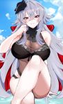 1girl absurdres arm_up azur_lane black_flower black_swimsuit blue_sky blush breasts cleavage closed_mouth cloud eyebrows_visible_through_hair flower gradient_sky graf_zeppelin_(azur_lane) graf_zeppelin_(beachside_urd)_(azur_lane) hair_between_eyes hair_flower hair_ornament highres jacket_on_shoulders large_breasts long_hair looking_at_viewer navel on_water one-piece_swimsuit red_eyes see-through shiwa_(eda_mamui) sidelocks silver_hair sitting sky smile solo swimsuit teeth thighs very_long_hair 