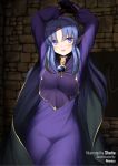  1girl arms_up artist_name blush bound bound_wrists breasts cape caster chain collar commission cuffs dress dungeon eyebrows_visible_through_hair fate/stay_night fate_(series) highres long_hair looking_at_viewer medium_breasts open_mouth ornament pointy_ears purple_dress purple_eyes purple_hair sheita sidelocks solo stone_wall wall 
