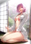  1girl blush breasts commentary_request day fate/grand_order fate_(series) hair_over_one_eye happymonk highres indoors lap_pillow_invitation looking_at_viewer mash_kyrielight naked_shirt navel open_mouth purple_eyes shirt short_hair smile solo thighs white_shirt 