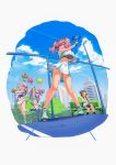  4girls absurdres aqua_hair aqua_skirt arm_up armpit_cutout armpits azur_lane ball bangs bench black_bra black_legwear blue_eyes blue_footwear blue_legwear blue_sky bottle bra breasts bremerton_(azur_lane) bremerton_(scorching-hot_training)_(azur_lane) brown_hair building casablanca_(azur_lane) casablanca_(cheer_squad_on_break)_(azur_lane) chain-link_fence character_request cheerleader cleavage_cutout cooper_(azur_lane) cooper_(blazing_tennis_battle)_(azur_lane) crop_top crop_top_overhang fence green_skirt grey_leotard hair_ornament hair_pulled_back hairband headband highres holding_racket huge_breasts knee_pads kneehighs legs leotard long_hair medium_breasts multicolored_hair multiple_girls navel navel_piercing off-shoulder_shirt off_shoulder one_eye_closed open_mouth park piercing pink_eyes pink_hair pom_poms pyz_(cath_x_tech) racket shirt short_ponytail sidelocks silver_hair sitting skirt sky skyscraper small_breasts smile sports_bra sportswear streaked_hair tennis tennis_ball tennis_court tennis_racket tennis_uniform thighhighs twintails two-tone_skirt underboob underwear water_bottle white_footwear white_shirt white_skirt 