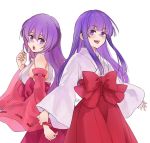  2girls absurdres bow dress furude_rika hanyuu highres higurashi_no_naku_koro_ni japanese_clothes long_hair miko momoyama_hinase multiple_girls open_mouth purple_eyes purple_hair smile strapless strapless_dress upper_body white_background 