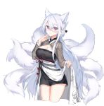  1girl animal_ear_fluff animal_ears black_dress breasts cleavage closers cropped_legs dress extra_ears fox_ears fox_girl fox_tail hair_between_eyes hand_up kyuubi large_breasts long_hair long_sleeves looking_at_viewer mirae_(closers) multiple_tails nanaya_(nnytwr) red_eyes shrug_(clothing) sidelocks simple_background solo tail thighs very_long_hair white_background white_hair 