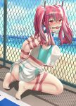  1girl absurdres ass azur_lane bangs barefoot bdsm beach blue_sky blush bondage bound breasts bremerton_(azur_lane) bremerton_(scorching-hot_training)_(azur_lane) chain-link_fence commentary_request covered_nipples cykoo eyebrows_visible_through_hair fence gag gradient_sky grey_hair hair_between_eyes hair_ornament hairclip highres large_breasts long_hair looking_at_viewer midriff miniskirt multicolored_hair ocean pink_eyes pink_hair restrained see-through shadow shirt skirt sky sleeveless sleeveless_shirt solo sportswear streaked_hair sweat tennis_court tennis_uniform tied_up twintails two-tone_skirt waves wet wet_clothes wet_shirt x_hair_ornament 