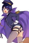  1girl ass blue_eyes blue_hair blue_headwear blush breasts cape character_request collared_shirt copyright_request embarrassed eyebrows_visible_through_hair from_behind gloves grey_legwear hat konbu_wakame long_sleeves looking_at_viewer necktie open_mouth purple_cape purple_neckwear rectangular_mouth shirt short_hair small_breasts solo tearing_up thighhighs white_gloves white_shirt 