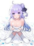  1girl azur_lane bangs bare_shoulders black_ribbon blush breasts dress eyebrows_visible_through_hair garter_straps hair_between_eyes hair_bun hair_ribbon heart heart-shaped_pupils highres lifted_by_self long_hair looking_at_viewer monini open_mouth panties petals purple_eyes purple_hair ribbon side_bun sitting sleeveless sleeveless_dress small_breasts solo symbol-shaped_pupils thighhighs underwear unicorn_(azur_lane) very_long_hair white_dress white_legwear white_panties 