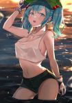  1girl arm_up backlighting bangs bare_arms bare_shoulders black_shorts blue_eyes blue_hair blurry_foreground blush breasts cleavage cowboy_shot crop_top eyebrows_visible_through_hair gloves green_headwear hair_bobbles hair_ornament hat highres kawashiro_nitori key_necklace large_breasts looking_at_viewer midriff navel no_bra open_mouth outdoors round_teeth satoupote short_shorts shorts sidelocks stomach tank_top teeth thighs touhou twintails upper_teeth wading water water_drop wet wet_clothes white_tank_top 