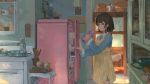  1girl blue_shirt bowl brown_hair electric_fan glass highres kitchen lamp looking_at_viewer original refrigerator shirt short_hair sketch solo stove xilmo 