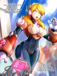  1girl alia_(rockman) android blonde_hair blue_eyes breasts controller dgrp_(minhduc12333) english_text eyebrows_visible_through_hair gloves hacking hairband highres large_breasts long_hair open_mouth radio_antenna remote_control rockman rockman_x static tablet_pc upper_teeth white_gloves 