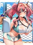  1girl azur_lane bare_shoulders breasts bremerton_(azur_lane) bremerton_(scorching-hot_training)_(azur_lane) chain-link_fence cleavage collarbone collared_shirt commentary cowboy_shot crop_top fence grey_hair groin hair_ornament hairclip highres huge_breasts jewelry kurot leaning_forward long_hair looking_at_viewer midriff miniskirt multicolored_hair navel necklace nipples parted_lips pov pov_hands red_eyes red_hair see-through shirt skirt sleeveless sleeveless_shirt solo standing sweat thighs towel twintails two-tone_hair underboob wet wet_clothes wet_shirt white_shirt white_skirt 