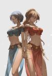  2girls absurdres bangle bangs bare_shoulders blue_hair blue_shirt bracelet breasts brown_eyes brown_hair crop_top earrings feet_out_of_frame grey_background hair_between_eyes highres holding holding_hands holding_knife holding_weapon hoop_earrings jewelry knife liang_mianti looking_at_viewer medium_breasts midriff multiple_girls navel necklace octopath_traveler off-shoulder_shirt off_shoulder pelvic_curtain primrose_azelhart red_shirt shirt short_hair short_sleeves simple_background standing stomach thighs weapon yusufa 