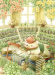  artist_name bear blush book book_stack chair day desk_lamp flower hanging_plant highres indoors lamp looking_away no_humans original plant polar_bear potted_plant scenery signature sitting st.kuma twitter_username window 