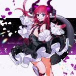  1girl artist_name black_dress blue_eyes bodypaint boots breasts cowboy_shot detached_sleeves dragon_horns dress elizabeth_bathory_(fate) elizabeth_bathory_(fate)_(all) eyebrows_visible_through_hair fate/extra fate/grand_order fate_(series) frilled_dress frilled_sleeves frills gradient gradient_background grey_background grin hair_ornament hair_ribbon horns lips long_hair looking_at_viewer petals pink_hair pointy_ears poteti purple_background ribbon small_breasts smile solo teeth thighs twitter_username white_footwear 
