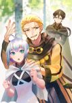  1girl 2boys antenna_hair blonde_hair blue_eyes brown_eyes brown_hair cape clenched_hand crossed_arms day elf facial_hair goggles goggles_around_neck hand_up master_of_the_deep_sea_nova mizuki_apple multiple_boys outdoors pixiv_fantasia pixiv_fantasia_age_of_starlight pointy_ears ponytail robe silver_hair standing star_girl_luna sweatdrop trade_king_farid white_cape yellow_eyes 