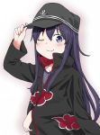  1girl akatsuki_(kantai_collection) akatsuki_(naruto) akatsuki_uniform anchor anchor_symbol bangs black_headwear blush closed_eyes cosplay hat highres kantai_collection long_hair long_sleeves mirui2 naruto naruto_(series) one_eye_closed purple_eyes purple_hair sidelocks simple_background smile solo uchiha_itachi uchiha_itachi_(cosplay) white_background 