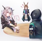  !? 1other 2girls absurdres amiya_(arknights) animal_ears arknights bangs black_dress black_jacket blue_neckwear blue_skirt breasts brown_hair bunny_ears coffee_cup cravat cropped_torso cup disposable_cup doctor_(arknights) dress eyebrows_visible_through_hair from_behind grey_background hair_between_eyes hair_intakes hand_up head_rest head_tilt highres hood hooded_jacket horns jacket juliet_sleeves kirby_d_a long_hair long_sleeves looking_at_viewer medium_breasts miniskirt multiple_girls o_o open_clothes open_jacket parted_lips pleated_skirt puffy_sleeves red_eyes shirt short_hair silver_hair simple_background skirt smile sweatdrop table talulah_(arknights) translation_request upper_body white_shirt 