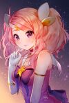  1girl ahoge bangs bare_shoulders bow bowtie choker collarbone dress elbow_gloves eyebrows_visible_through_hair gloves gradient gradient_background hand_up highres league_of_legends long_hair looking_at_viewer lux_(league_of_legends) messy_hair pink_bow pink_bowtie pink_choker pink_dress pink_eyes pink_hair shiny shiny_skin shrimp_cake solo star_(symbol) star_guardian_(league_of_legends) star_guardian_lux twintails upper_body white_gloves 