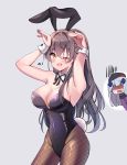  2girls alternate_breast_size animal_ears black_leotard black_ribbon breasts brown_hair bunny_ears bunny_girl bunny_pose bunny_tail bunnysuit cleavage clming commentary_request cowboy_shot detached_collar fishnet_legwear fishnets girls_frontline grey_background highres hk416_(girls_frontline) korean_commentary large_breasts leotard looking_at_viewer multiple_girls neck_ribbon one_eye_closed one_side_up pantyhose ribbon simple_background smile solo_focus strapless strapless_leotard tail ump45_(girls_frontline) wrist_cuffs yellow_eyes 