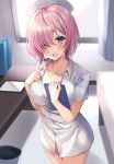  1girl :d blush breasts clipboard collarbone commentary_request eyebrows_visible_through_hair fate/grand_order fate_(series) hair_over_one_eye harimoji hat holding indoors large_breasts looking_at_viewer mash_kyrielight no_pants nurse nurse_cap open_mouth pink_hair purple_eyes short_hair short_sleeves smile solo table upper_teeth window 
