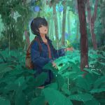  1girl backpack bag black_hair brown_eyes brown_shirt denim denim_jacket highres jungle leaf looking_up medium_hair nature open_mouth original outdoors rain scenery shirt shorts sketch solo tree twintails xilmo 