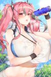  1girl absurdres azur_lane bangs bare_shoulders blush bottle breasts bremerton_(azur_lane) bremerton_(scorching-hot_training)_(azur_lane) cleavage collarbone covered_nipples day eyebrows_visible_through_hair hair_between_eyes hair_ornament hairclip heavy_breathing highres holding holding_bottle huge_breasts ia_(ias1010) long_hair looking_at_viewer midriff mole mole_under_eye multicolored_hair navel open_mouth outdoors pink_eyes pink_hair see-through shirt sidelocks skirt sky sleeveless sleeveless_shirt solo sportswear streaked_hair sweat tennis_uniform tongue tongue_out twintails wet wet_clothes x_hair_ornament 