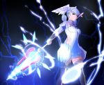  1girl blue_eyes braid breasts crown_braid dress head_wings highres holding holding_staff juliet_sleeves long_sleeves magic medium_breasts melia mercury_xeno o-ring puffy_sleeves short_dress silver_hair smile solo staff thighhighs wings xenoblade_(series) xenoblade_1 